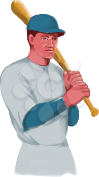 Watercolor style illustration of a vintage american baseball player batter hitter holding bat on shoulder set on isolated white background. 