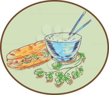 Drawing sketch style illustration of a Bahn mi Vietnamese sandwich with meat and bowl of rice and chopsticks and coriander herb set inside circle.