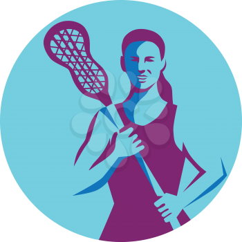 Illustration of a female lacrosse player holding lacrosse stick facing front set inside circle on isolated background done in retro style. 