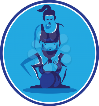 Illustration of a female trainer athlete weightlifter lifting kettlebell with both hands viewed from front set inside circle on isolated background done in retro style.
