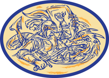 Drawing sketch style illustration of St George fighting dragon set inside oval shape. 