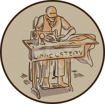 Drawing sketch style illustration of a tailor machinist upholsterer sewing with sewing machine facing front set inside circle on isolated background. 