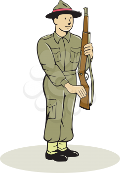 Illustration of a British World War II soldier presenting arms rifle weapon for inspection set on isolated white background done in cartoon style. 