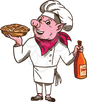 Illustration of a pig chef cook holding a pie and bottle of wine wearing scarf and apron viewed from front set on isolated white background done in cartoon style. 