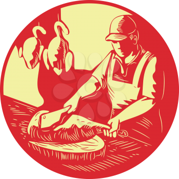 Illustration of a Chinese Asian chef cook chopping meat with meat cleaver knife on wood block with duck meat hanging in the background set inside oval shape done in retro woodcut style. 