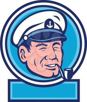 Illustration of a sea captain, shipmaster, skipper, mariner wearing hat cap smoking smoke pipe set inside circle done in retro style. 