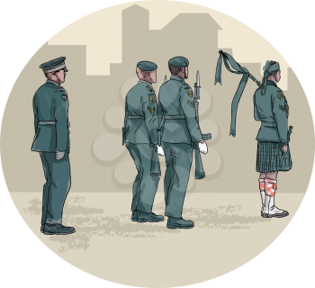 Watercolor style illustration of soldiers with rifle and bagpiper wearing kilt and playing bagpipes marching viewed from side with buildings in background set inside circle.