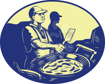 Illustration of a Taco chef cook with frying pan in market food stall viewed from the side set inside oval shape done in retro style.