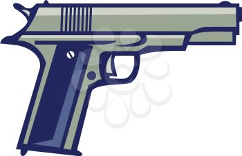 Illustration of a 1911 single-action, semi-automatic, magazine-fed, recoil-operated sidearm pistol chambered for the .45 caliber ACP cartridge viewed from side on isolated white background done in ret