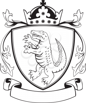 Balck and white illustration of coat of arms of an angry alligator crocodile standing viewed from side set inside crest shield with crown on top and leaf ribbon done in retro style on isolated backgro