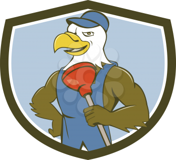 Illustration of an american bald eagle plumber wearing overalls and hat holding plunger with one hand on hips looking to the side set inside shield crest done in cartoon style. 