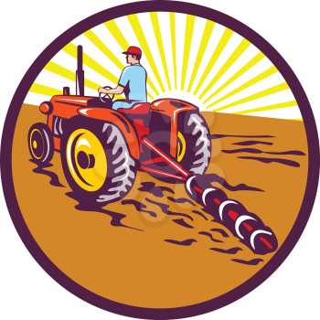 Illustration of a farmer gardener riding on tractor plowing mowing viewed from rear set inside circle with sunburst in the background done in retro style. 
