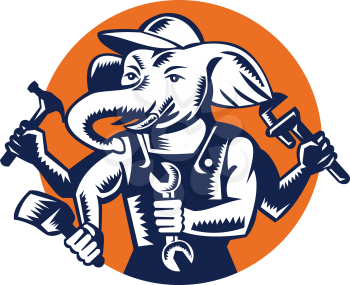 Illustration of an elephant builder plumber mechanic repairman with 4 hands holding hammer wrench spanner and brush set inside circle done in retro woodcut style.