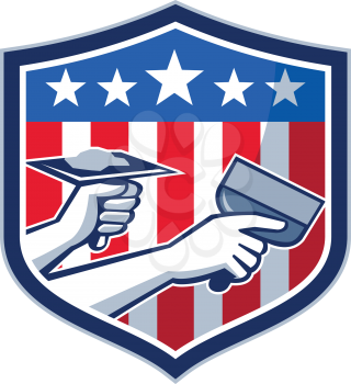 Illustration of a plasterer hand repair patch drywall with putty knife and holding a hawk with plaster set inside crest shield with American USA stars and stripes flag done in retro style. 