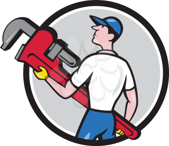 Illustration of a plumber wearing hat walking lifting giant monkey wrench looking to the side viewed from rear set inside circle on isolated background done in cartoon style. 