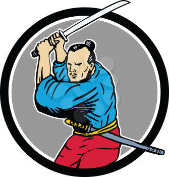 Drawing sketch style illustration of a Samurai warrior wielding katana sword viewed from front set inside circle on isolated background. 