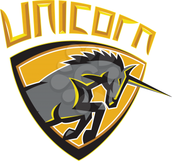 Illustration of a unicorn horse head charging viewed from the side set inside shield crest done in retro style with the word UNICORN above image