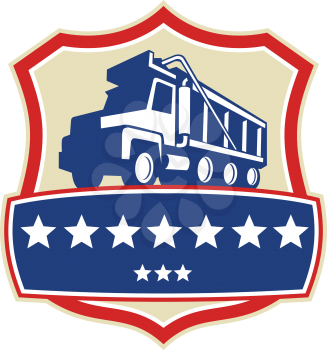 Illustration of a triple axle dump truck set inside shield crest with stars viewed from low angle done in retro style. 
