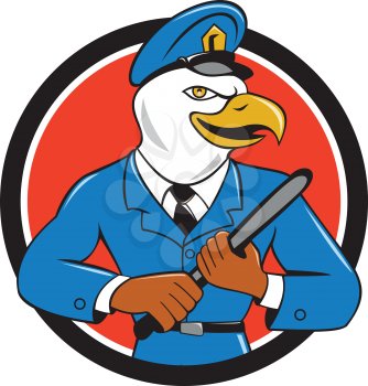 Illustration of an american bald eagle policeman holding baton looking to the side  set inside circle on isolated background done in cartoon style. 