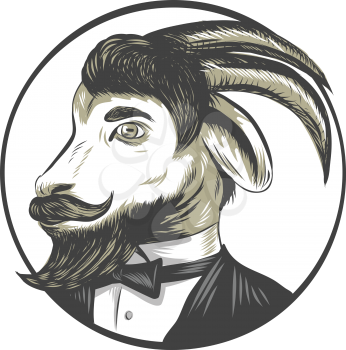 Drawing sketch style illustration of a goat ram with big horns and moustache beard owearing tie tuxedo suit looking to the side set inside circle. 