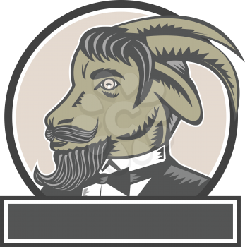 Illustration of a goat ram head with big horns and moustache beard wearing tuxedo suit looking to the side set inside circle done in retro woodcut style. 
