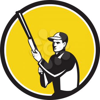 Illustration of a hunter wearing hat holding shotgun rifle looking to the side set inside circle on isolated background done in retro style. 