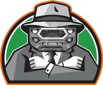 Illustration of an angry mobster with car grille grill face wearing hat , tie and suit arms folded facing front set inside half circle done in retro style.
