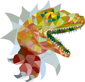 Low polygon style illustration of a raptor t-rex dinosaur lizard reptile breaking out of wall on isolated background. 