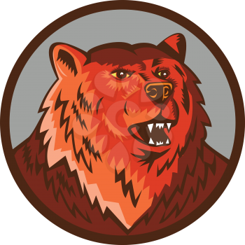 Illustration of a Russian bear or Eurasian brown bear head growling viewed from front set inside circle done in retro style. 