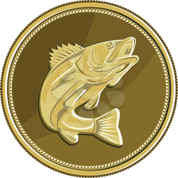 Illustration of a barramundi or Asian sea bass (Lates calcarifer) jumping viewed from the side set inside gold brass coin medallion done in retro style. 