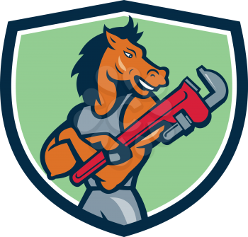 Illustration of a horse plumber arms crossed holding monkey wrench looking to the side set inside shield crest on isolated background done in cartoon style. 