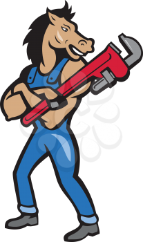 Illustration of a horse plumber standing with arms crossed holding monkey wrench looking to the side set on isolated white background done in cartoon style. 