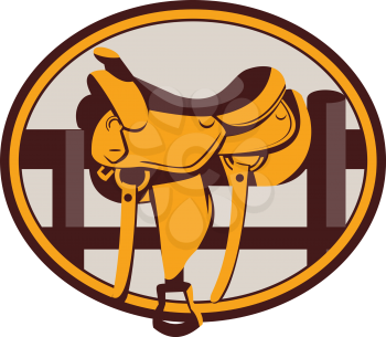 Illustration of a modern western saddle on ranch fence set inside oval shape done in retro style. 