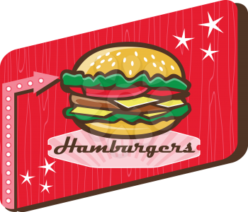 Illustration of a retro 1950s diner style hamburger, burger or cheeseburger with meat patty, lettuce, tomato and cheese slices in bun set inside rectangular sign with woodgrain.