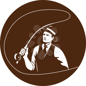 Illustration of a mobster gangster fly fisherman wearing fedora hat fishing casting fly rod set inside circle on isolated background done in retro style. 