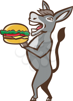 Illustration of a donkey, ass, mule or horse mascot serving up a hamburger burger sandwich shown in full body viewed from the side set on isolated white background done in retro style. 