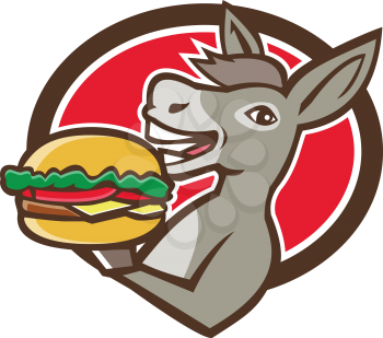 Illustration of a donkey, ass, mule or horse mascot serving up a hamburger burger sandwich viewed from the side set inside oval shape on isolated background done in retro style. 
