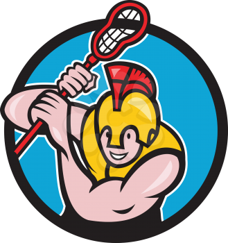 Illustration of a gladiator lacrosse player wearing spartan helmet holding lacrosse stick viewed from front set inside circle done in cartoon style. 