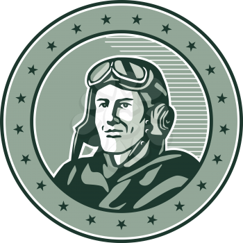 Illustration of a vintage world war one pilot airman aviator bust smiling set inside circle with stars done in retro style. 