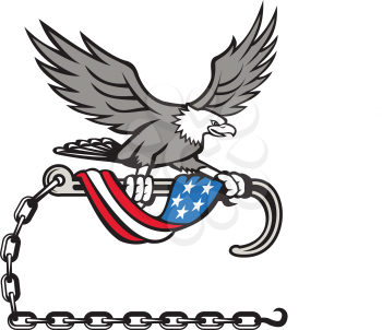 Illustration of an american bald eagle clutching with its talon a towing j hook with chains draped with usa american flag set on isolated white background done in retro style style. 