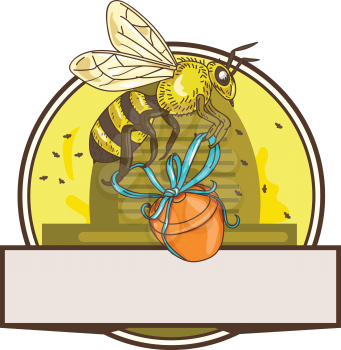 Drawing sketch style illustration of a worker honey bee carrying a honey pot with ribbon with skep in the background set inside circle. 