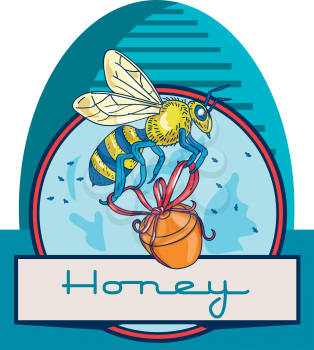 Illustration of a worker honey bee carrying a honey pot with ribbon with skep in the background set inside circle and the word Honey in the bottom done in retro style. 
