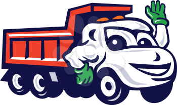 Illustration of a dump truck waving set on isolated white background done in cartoon style. 