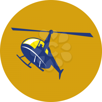 Illustration of a helicopter chopper in flight flying set inside circle on isolated background done in retro style.