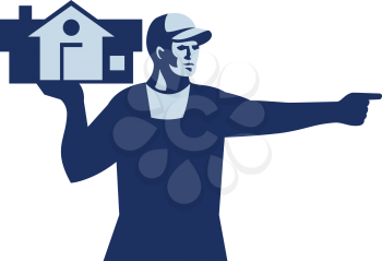 Illustration of a house remover carrying house on one hand and the other hand pointing to the side viewed from front set on isolated white background done in retro style. 