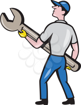 Illustration of a mechanic carrying giant spanner looking up to the side viewed from rear set on isolated white background done in cartoon style. 