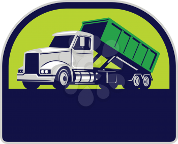 Illustration of a roll-off truck with container bin on back viewed from side set inside half circle done in retro style. 
