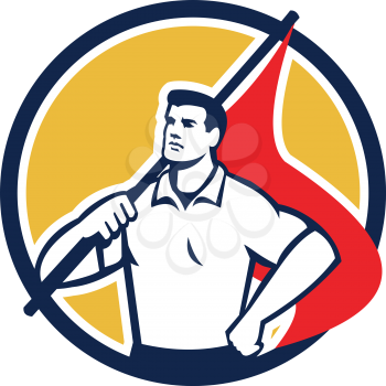 Illustration of a union worker holding red flag on shoulders with one hand on hips looking to the side set inside circle done in retro style. 