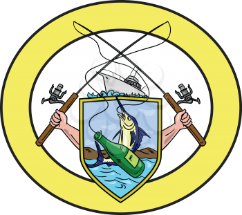 Drawing sketch style illustration of hand holding fishing rod and reel hooking a beer bottle and blue marlin fish set on a shield coat of arms with fishing boat on top set inside oval shape done. 