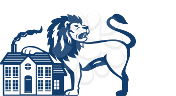 Illustration of an angry lion looking to the side with it's paw on house set on isolated white background viewed from front done in retro style. 